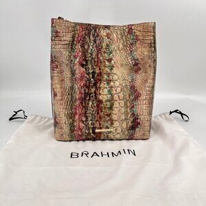 Brahmin Amelia Bucket Bag Amethyst Croc Embossed Leather Shoulder Strap Hobo